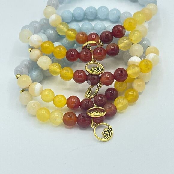 Ocean wave carnelian yellow agate honey calcite aquamarine beaded stretch bracel - Picture 6 of 16